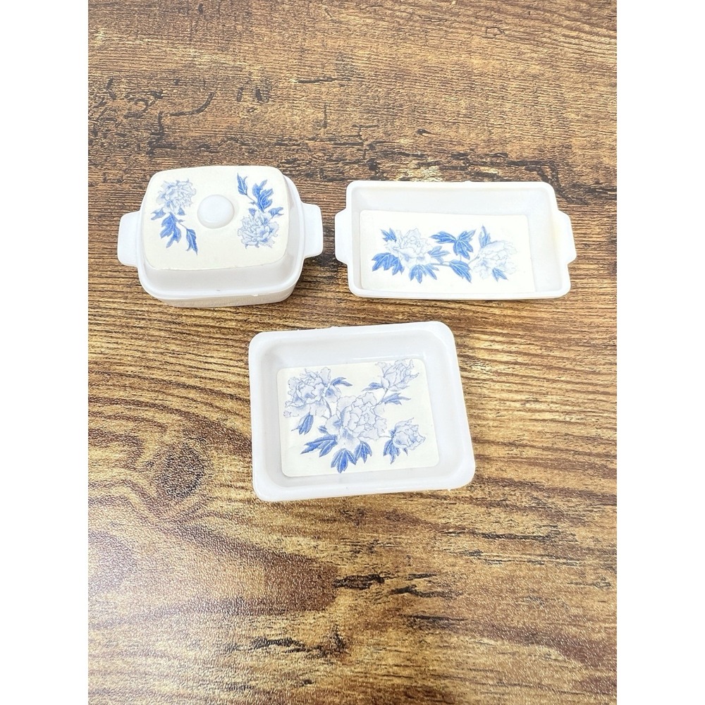 Vintage‎ ARCO Dollhouse Blue Floral Dish Set Mini Casserole Lid Trays Barbie